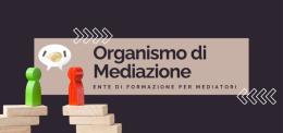 Banner dell'Organismo di Mediazione ed Ente di Formazione per Mediatori con pedine di legno e icona di stretta di mano.
