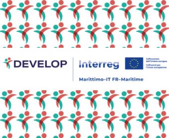 Logo del progetto DEVELOP affiancato al logo Interreg Marittimo-IT FR-Maritime e alla bandiera dell'Unione Europea. Lo sfondo presenta una trama ripetuta di icone stilizzate che rappresentano figure umane intrecciate nei colori verde acqua e rosso.