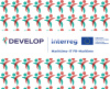 Logo del progetto DEVELOP affiancato al logo Interreg Marittimo-IT FR-Maritime e alla bandiera dell'Unione Europea. Lo sfondo presenta una trama ripetuta di icone stilizzate che rappresentano figure umane intrecciate nei colori verde acqua e rosso.